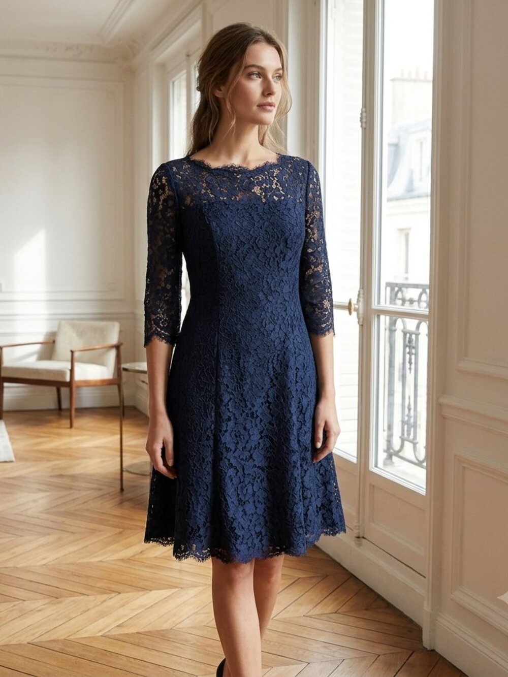 Eliza J Navy Blue Lace Dress 4 | Illusion Sleeve Sheath Cocktail Dress